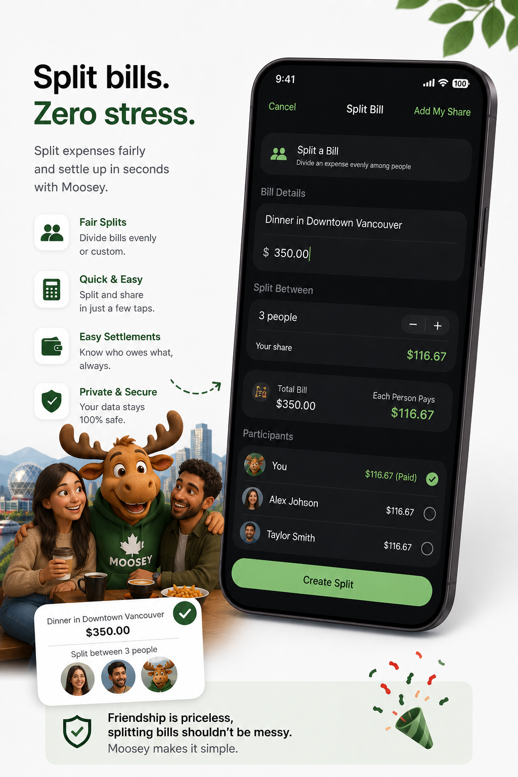 Moosey split bills screen